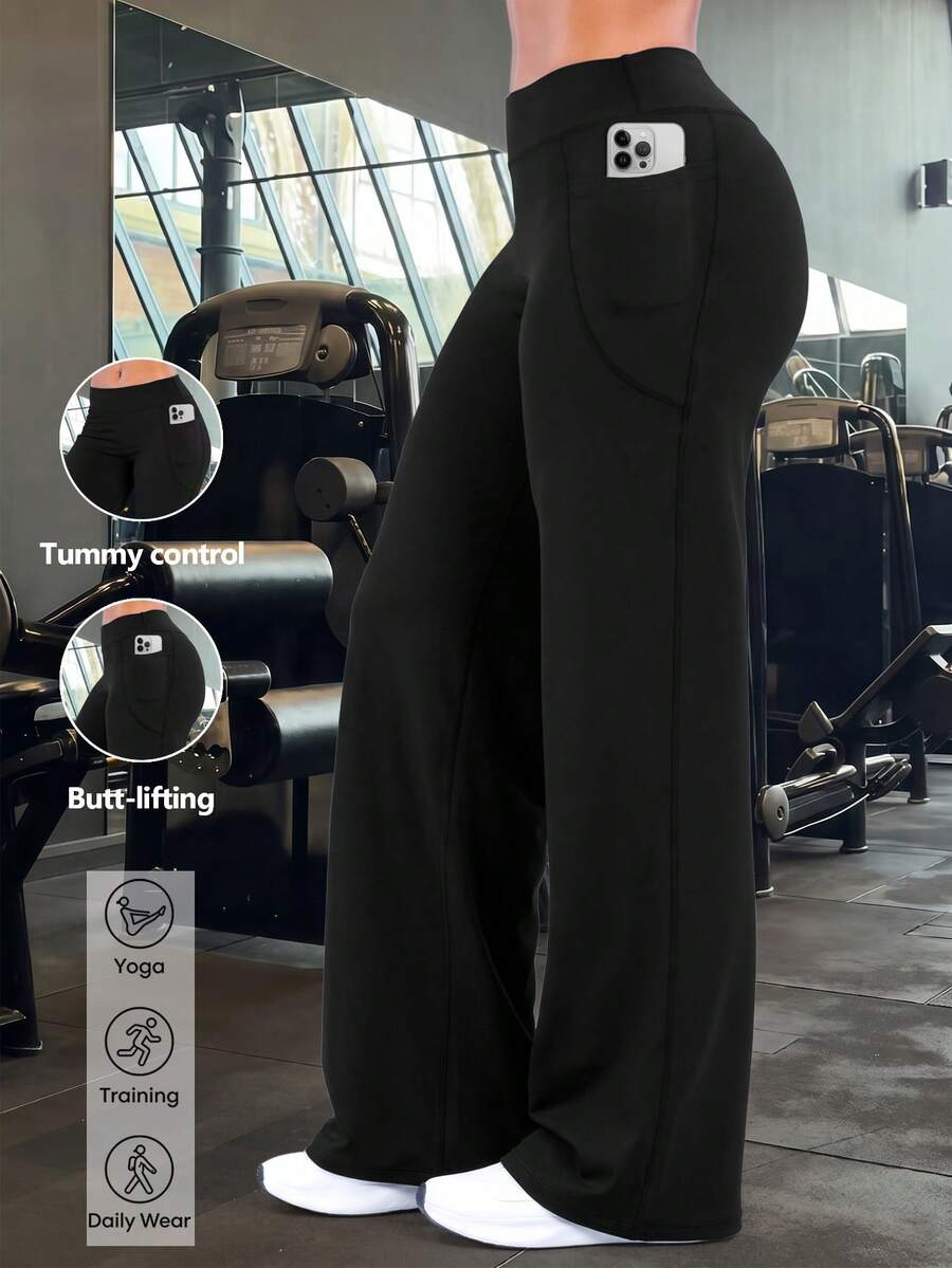 High Waist Straight Leg Pants With Phone Pocket, Dual Use For Running And Daily Commute - Black - View 1