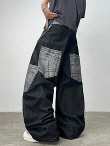 Justice Brother 1pc Korean Street Style Brand Personalized Color Block Patchwork Print Multi-Pocket Men's Black Denim Jeans Fashion Casual Wide Leg Pants Washed Loose Long Pants (Belt/Accessories Not Included) - Black - View 2