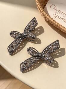 2pcs Gun Gray Bow Pearl Rhinestone Duck Bill Hair Clips For Women, Luxury Wedding Banquet Hair Accessories - Multicolor - View 8
