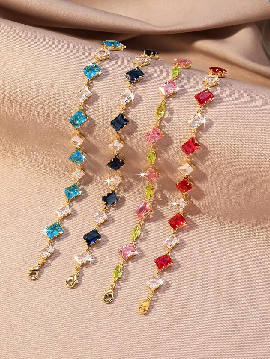1pc Luxury Rhinestone Zirconia Diamond Rhombus Bracelet For Women, 2 Colors Available, Summer Fashion Beach Accessory, Suitable For Daily Wear, Office Commute, Small Gift For Female Friends - Exquisite Bracelet - View 1