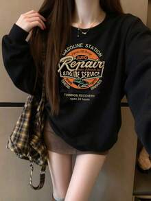 Vintage Stamp Style Round English Slogan "THE DARKNESS IS NO DARKNESS" Print Black Crew Neck Sweatshirt Autumn Top - Black - View 9