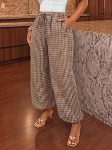 Quần jogger nữ họa tiết kẻ caro vintage có túi, vải dệt dáng rộng cho trang phục mùa thu - màu nâu - Xem 7