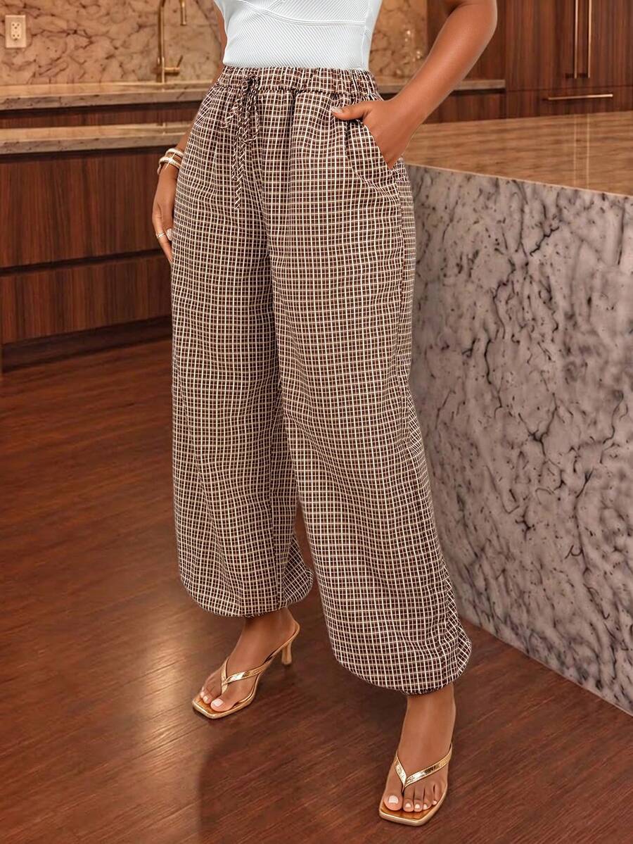 Women's Vintage Plaid Jogger Pants With Pockets,Woven Fabric Loose Fit Trousers For Fall Outfits,Casual Elegant Plaid Long Pants,Colorblock Long Pants - Brown - View 1