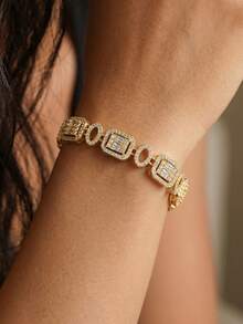 1pc Luxury Copper Material Multi-Style Pave Zirconia Bracelet For Women, Evening Party, Wedding, Anniversary Gift Jewelry - Yellow Gold - View 1