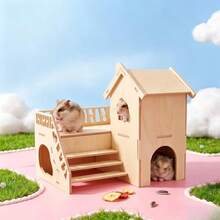 Double-Layer Wooden Hamster Hideout With Ladder And Viewing Platform, Hamster Villa Decor Nest, Universal For Small Mice - one-size - View 4