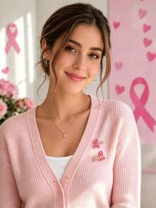 2pcs All-Season Versatile Pink Enamel Ribbon Text Badge Breast Cancer Awareness Badge Suitable For Clothes, Backpacks, Hats Fashion Matching - Multicolor - View 3