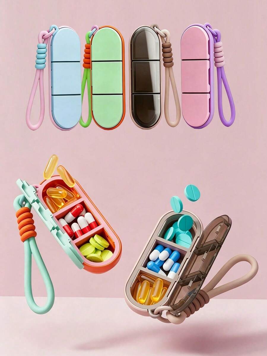 Dopamine Color Portable Woven Lanyard 3-Compartment Pill Box, Travel Pill Storage Box, Portable Medication Dispenser, Waterproof And Moisture-Proof, Independent Compartment Design, Suitable For Carrying Health Supplements And Vitamins