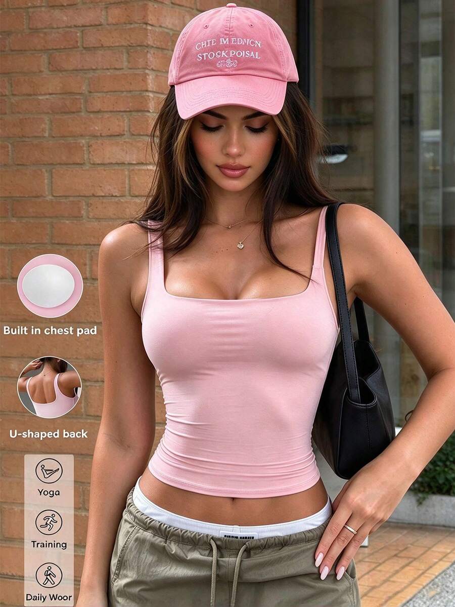 Women's Casual Double-Layer Stretch Basic Camisole, Removable Padding, Solid Color Backless Slim Fit Top, Suitable For Yoga, Daily Wear, And Autumn