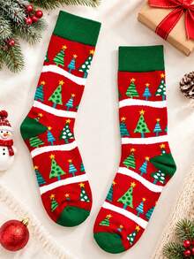 GNIM HL 1Pair Christmas Socks Cotton Red White Stripe Christmas Tree Jacquard Crew Socks Soft Winter Socks Unisex Holiday Party Gift Socks - Red - View 6