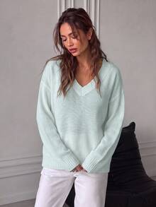 Vuslat Women's Autumn/Winter Loose V-Neck Solid Color Knit Sweater, Lazy Pullover Short Knit Basic Top For Commuting, Dating, Party, Christmas - Mint Blue - View 6