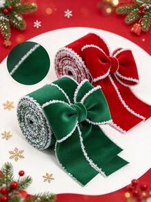 Christmas Plush Tassel Edge Plush Ribbon, Wired Fabric Ribbon Roll, Red & Green Solid Color Holiday Decorative Ribbon, Suitable For Handmade Bows, Gift Wrapping, Christmas Wreaths, Christmas Tree Ornaments, Home & Party DIY Craft Decoration - Multicolor - View 4