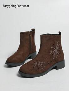 Women's Shiny Beaded Embroidered Ankle Boots, Round Toe Chunky Heel Side Zipper Fashion Autumn/Winter Ankle Boots - Coffee Brown - View 2