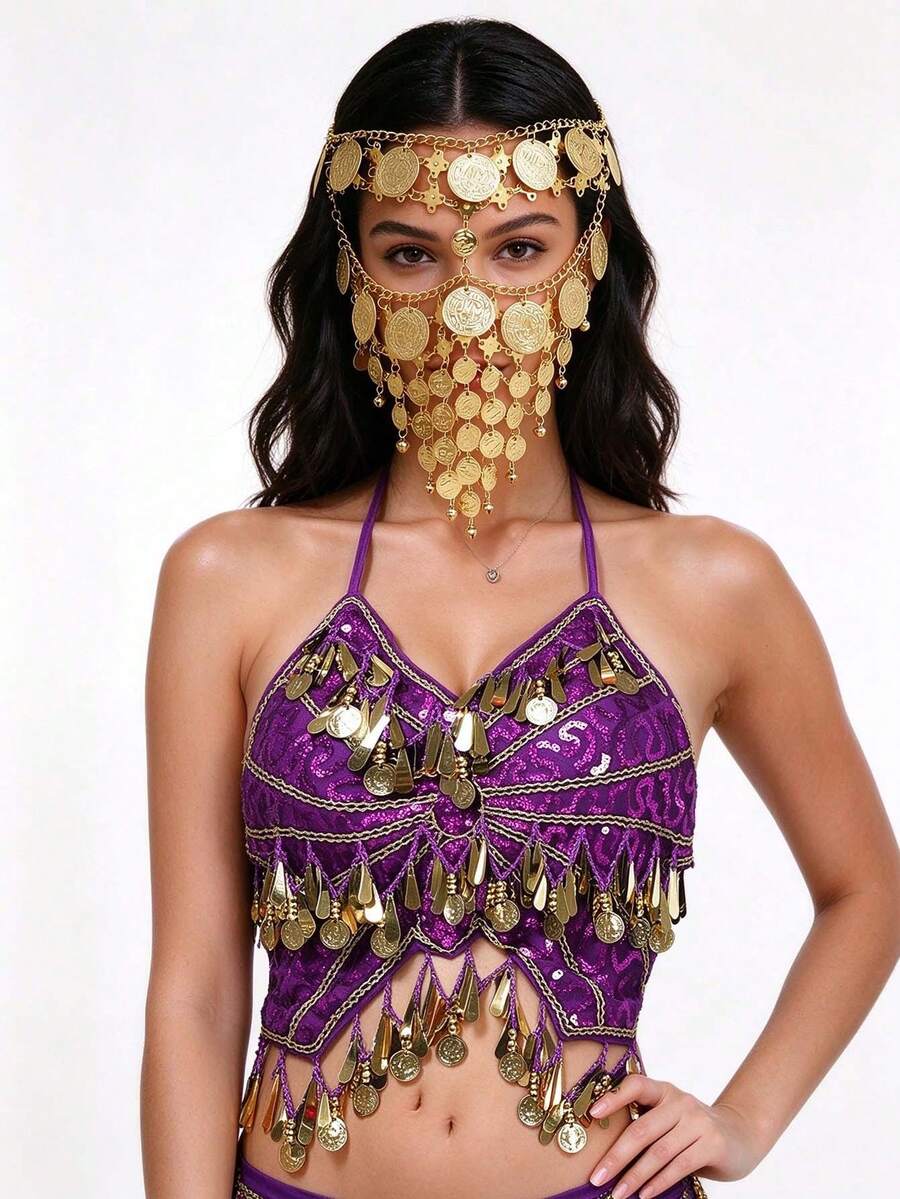 Sequined Halter Bra Top Coin Tassel Fringe, Coin Chain Metal Face Mask Covering, Rumba Stage Show Performance Wear, Multi-Color Available - Multicolor - View 1
