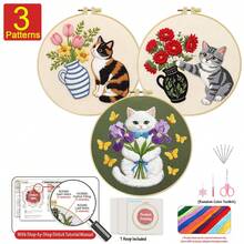 15*15cm/5.9*5.9in 20*20cm/7.9*7.9in,Cat And Flowers Embroidery Kit, DIY Handmade Embroidery Set For Adult Beginners, Home Gift, Women's Sewing Gift, Including User Manual, Printed Pattern Fabric, Embroidery Frame, Needle And Thread. - Cat and Flowers - View 18