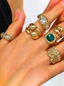 3pcs High Quality Heart & Geometric Design Copper Alloy Gold Color Ring Set, Suitable For Daily Outfit Matching And Gift - Multicolor - View 2