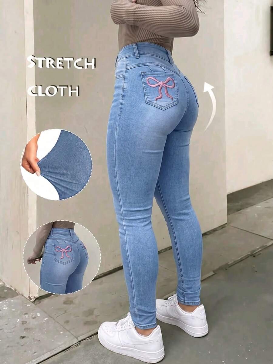 Y2K High-Waisted Slim Jeans With Embroidered Bow And Hardware Details. Accentuates Feminine Charm, All-Season Versatile For Daily Wear. Casual Fall - Blue - View 1