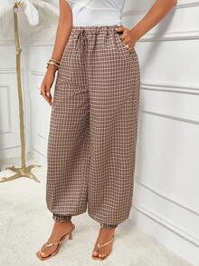 Quần jogger nữ họa tiết kẻ caro vintage có túi, vải dệt dáng rộng cho trang phục mùa thu - màu nâu - Xem 9