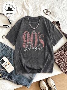90s Vintage Print Women's T-Shirt - Casual Short Sleeve Crew Neck Washed Top, Suitable For All Seasons, Women's Autumn Clothing Black - Black - View 8