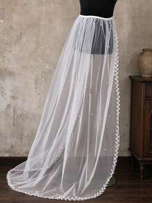 1pc Detachable Leaf Decor Pearl Bridal Overskirt, White Tulle Wedding Cover Skirt, Outdoor Wedding Photography Accessory - White - View 8