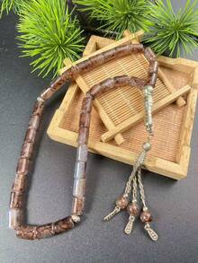 1pc 33-Bead Muslim Tasbih Prayer Beads, Faux Jade Ink Floral Pattern Barrel Beads, Vintage Silver Chain Tassel Counting Beads - Multicolor - View 12