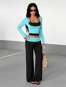 Women's Fashion 2 Pieces Set Autumn Casual Outfit: Long Sleeve Cropped Top, Spaghetti Strap Camisole & Wide Leg Pants Set - Mint Blue - View 7