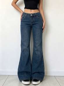Women's Pocket Flare Leg Fashion Casual Denim Jeans - Medium Wash - View 5