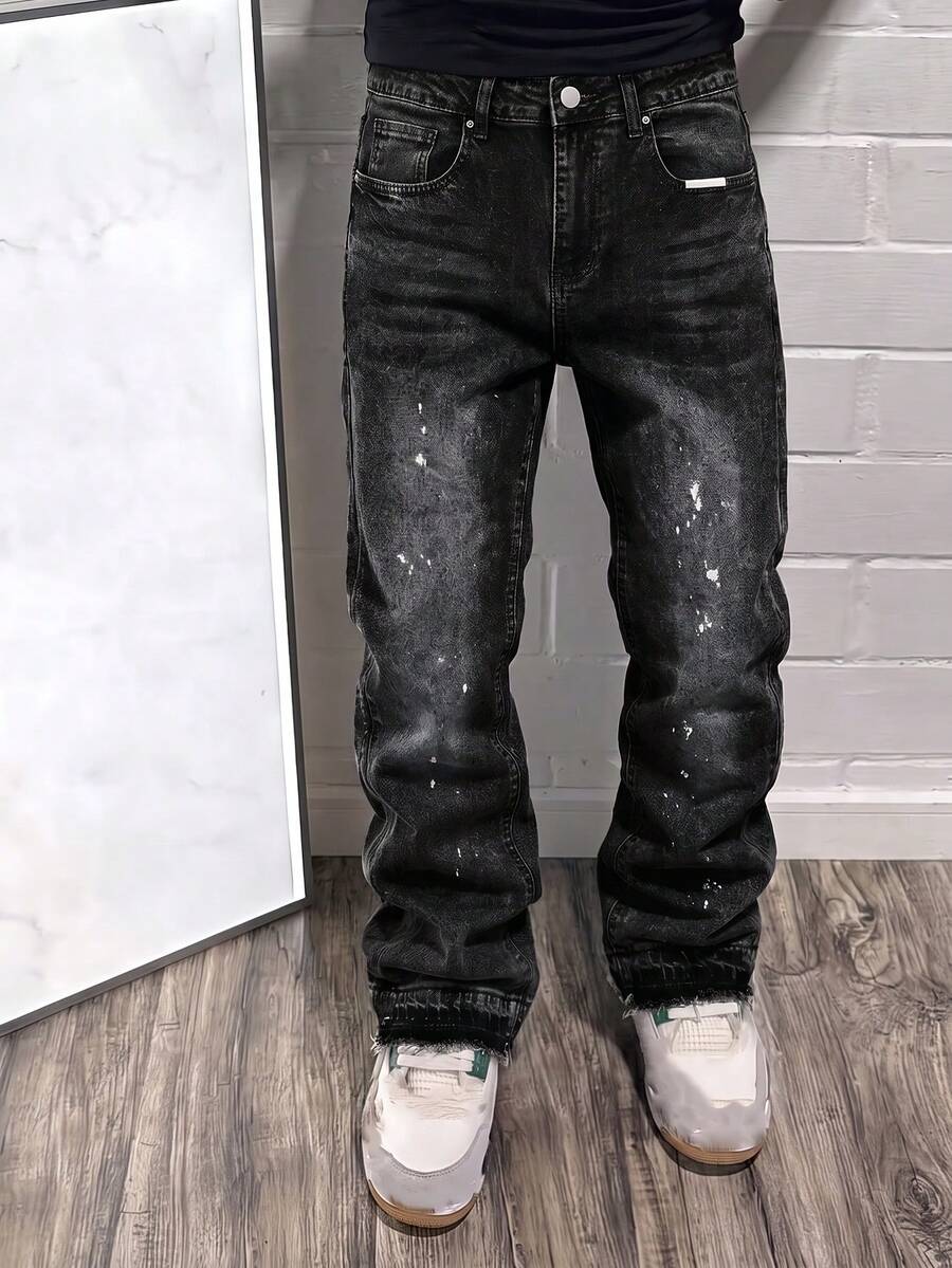 Flared Jeans, Stretch Denim, Skinny Jeans, Washed Denim, Distressed Jeans, Versatile Fashion Cotton Product, Slanted Pockets Washed Denim, Streetwear Fashion Denim - Black - View 1