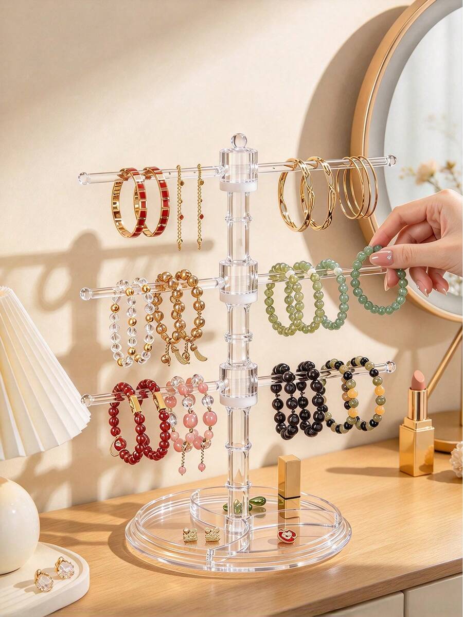 1pc Jewelry Display Stand, Transparent PP 3-Tier/5-Tier Adjustable Jewelry Display Rack, Suitable For Necklaces, Bracelets, Bangles, Earrings, Hoop Earrings, Rings, Jewelry Accessories, Keychains, Hair Ties, Hair Accessories, Headbands And Other Jewelry Storage, T-Shaped Anti-Slip Crossbar Multi-Function Display Stand - Clear - View 1
