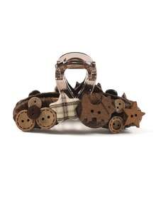 1pc Brown Vintage Mori Style Handmade Fabric Button Star Hair Claw Clip Large Hair Claw Hair Accessory - Multicolor - View 7