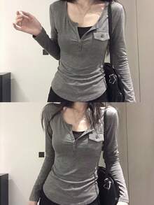 Designer Niche Long Sleeve T-Shirt Women Autumn Minimalist Versatile Slim Fit Flattering Casual Base Layer Top - Grey - View 1