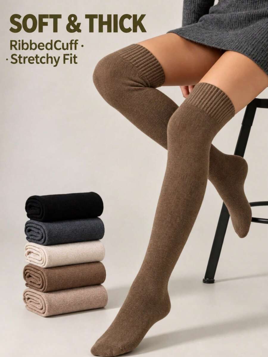 1 Pair Women's Soft Thick Knitted Over-The-Knee Socks, 5 Colors Available, Ribbed Cuff High Elastic Solid Color Long Over-The-Knee Socks, Comfortable Warm Long Tube Socks, Suitable For Daily Casual, Work Commute Outfits - Multicolor - View 1
