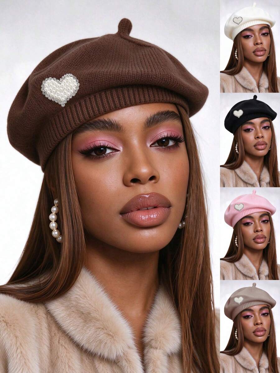 Merlader Style Beret For Women, Autumn And Winter, Heart Pearl Knit Beret Hat, Japanese Retro, Versatile, Face-Slimming, Octagonal Hat, Pumpkin Hat - Multicolor - View 1