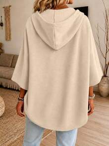 Plus Size Women's 3/4 Sleeve Hooded Drawstring Pullover Sweatshirt, Regular Length Casual Top, Comfortable For Autumn/Winter Wear - Khaki - View 3