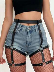 1pc Women's Black Leather Adjustable Garter Belt For Daily Outfit Matching And Body Decoration - Black - View 2