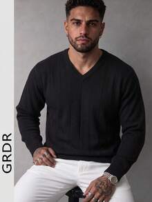 GRDR Men's Autumn/Winter Striped Slim Fit V-Neck Long Sleeve Sweater - Black - View 3