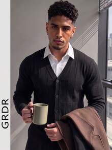Men's Autumn/Winter Striped Slim Fit Regular Shoulder Cardigan Long Sleeve Sweater - Black - View 2