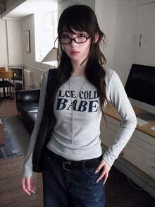 女款休閒修身長袖字母印花上衣，秋季 - 灰色 - 查看 4