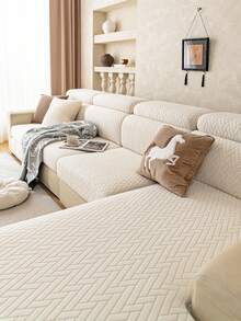 1pc Solid Color Fleece Material Elastic Sofa Cover, Pet-Friendly Scratch-Resistant All-Season Use, Machine Washable Non-Fading, Suitable For 2-4 Seater L-Shaped Sofa Backrest Cover - Beige - View 4