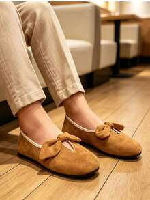 Women's Vintage Large Bow Suede T-Strap Soft Sole Ballet Flats For Daily Commute, All Season - Brown - View 4