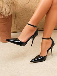 Sexy Fashion Pointed Toe Hollow Out Thin High Heel Glossy Heel Strappy Black High Heels For Women, Suitable For Commuting And Party - Black - View 1