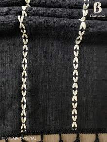 黑色鉤編刺繡桌布，配白色刺繡條紋與流蘇飾邊，波希米亞風萬聖節派對餐桌裝飾 - 黑色 - 查看 9