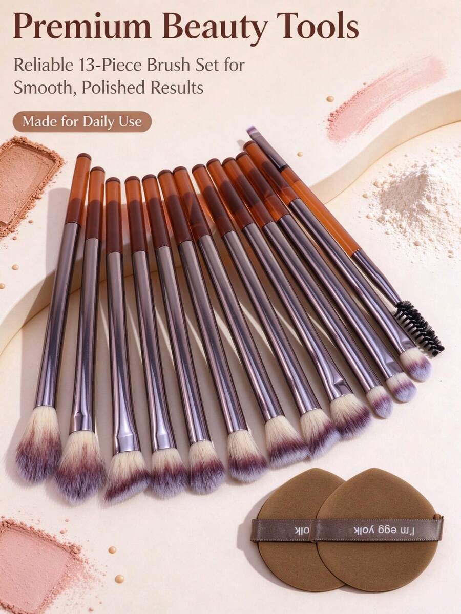 13pcs Portable Makeup Brush Set Brown, Blush Brush, Eyeshadow Brush, Contour Brush, Beginner, Travel, Full Set Makeup Tools