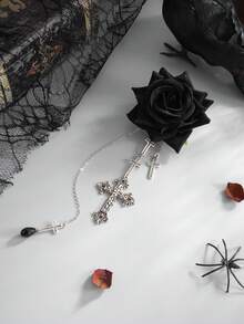1 st gotisk svart rosbrosch med flera korshängen, tofs och blomspänne för kvinnor, Halloween Cos mörk stil, fest, fotografering, kavajtillbehör - Svart - Visa 3
