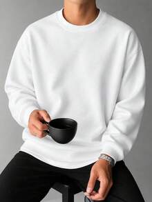 Krometka Men's All-Match Crew Neck Sweatshirt, Simple Casual Loose Fit Pullover Top, Versatile Everyday Layering Shirt - White - View 2