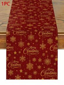 Christmas Table Runner, Pillow Case, Placemat, Red Gold Foil Snowflake Merry Christmas Letter Print, Winter New Year Party Dining Table Decor, Home Holiday Decoration - Multicolor - View 3