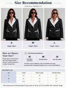 Women's Striped Double-Breasted Blazer, Contrast Color Pointed Collar Design, Long Sleeve Woven Fabric Regular Fit, Button Details, Showcasing Fashionable Style - Black - View 11