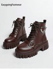 Women's Heart Buckle Rivet Decor Lace-Up Thick Sole Ankle Boots, Round Toe Side Zipper Fashion All-Season Ankle Boots - Brown - View 8