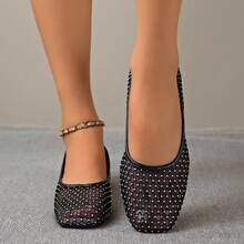 Women's Shiny Rhinestone Fishnet Mesh Ballet Shoes Square Toe Slip-On Shoes Breathable Party Daily Wear - Black - View 3
