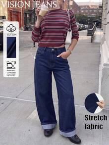 Women's Medium Stretch Washed Straight Leg Jeans, Casual Long Y2K Style Pants - Dark Wash - View 6