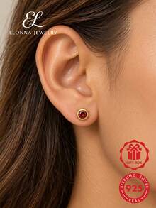 SYMFNY 1對925純銀圓形包鑲鋯石耳釘，螺絲耳背 - 紅色 - 查看 1